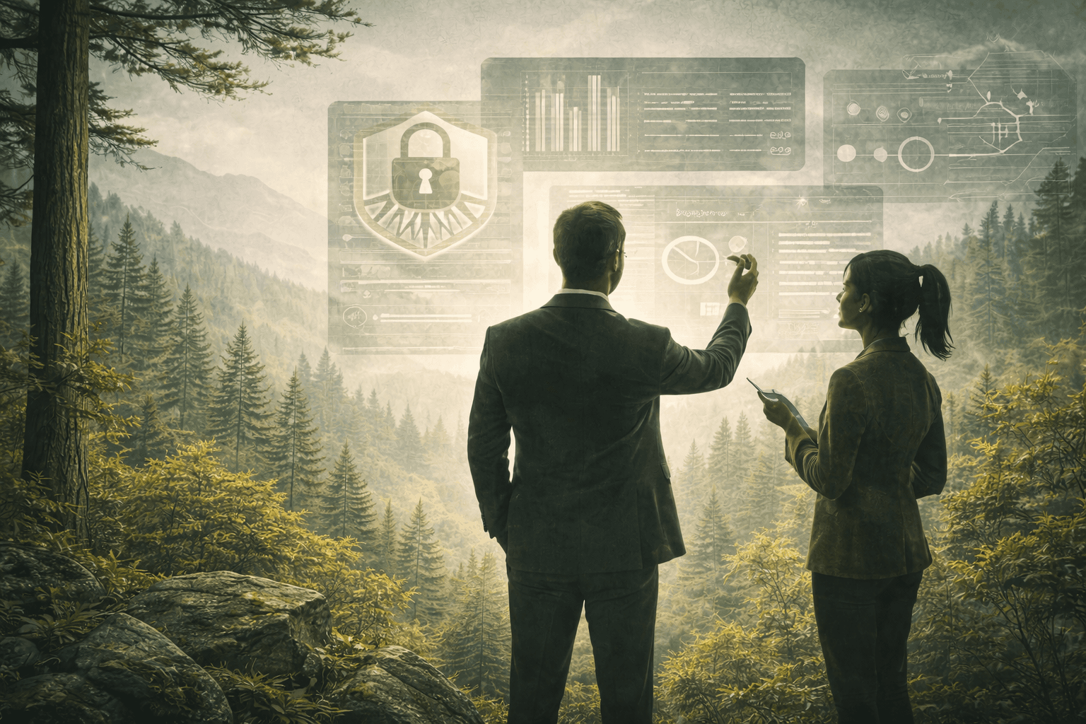 Two professionals reviewing a security and risk dashboard in a Colorado mountain setting